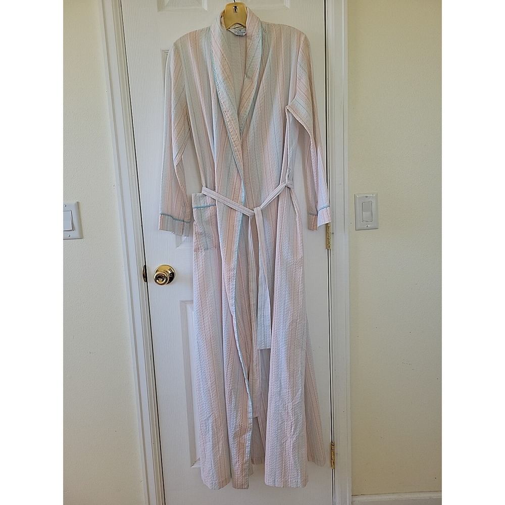 Vintage Sears At Home Wear Robe Size M Pastel Stripe Seersucker Lightweight USA